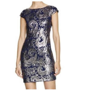 ADRIANNA PAPELL navy silver sequin cap sleeve formal dress sz 4P